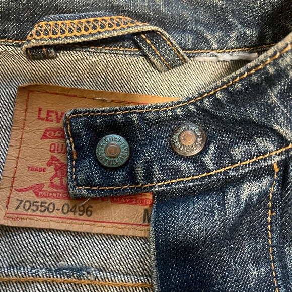 Levi's Classic Blue Denim Collarless Jacket with Tan Stitching - Picture 3 of 13